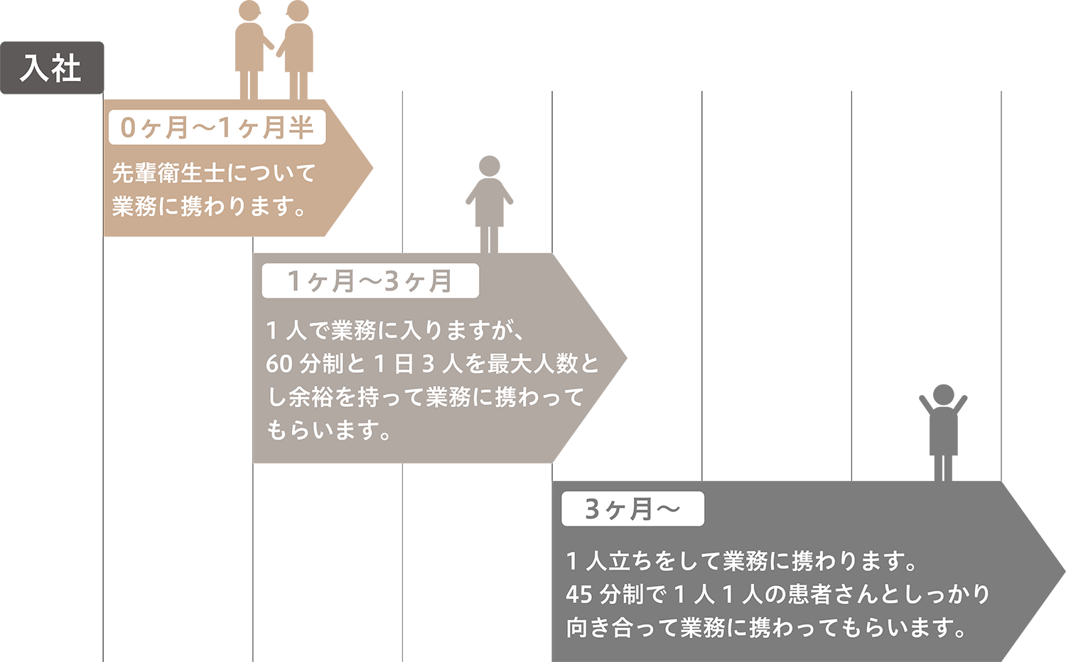 勤務開始から　入社　0ヶ月〜1ヶ月半 先輩衛生士について業務に携わります。1ヶ月〜3ヶ月1人で業務に入りますが、60分制と1日3人を最大人数とし余裕を持って業務に携わってもらいます。3ヶ月〜1人立ちをして業務に携わります。45分制で1人1人の患者さんとしっかり向き合って業務に携わってもらいます。